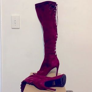 Burgundy Open Toe Lace Up Thigh High Boots